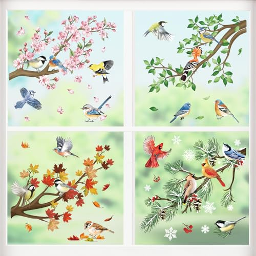 decalmile Fensteraufkleber Vögel auf Ast Fenster Abziehbilder Blumen Kirschblüten Zweige Blätter Kolibri Anti-Kollision Fensterfolie Glas Fensterdeko Aufkleber