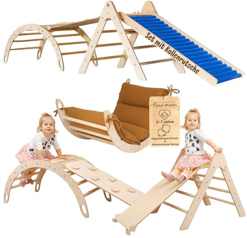 WoodsCraft 4in1 Set: Rollenrutsche, Kletterdreieck, Kletterbogen & Rampe | mit hypoallergen Kissen für Kletterbogen, holz Montessori Klettergerüst indoor, Babyrutsche, Klettern Baby & Kinder
