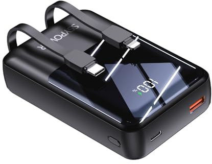 Caricabatterie Portatile per Telefono con Cavi Integrati Power Bank da 20000mAh Ricarica Rapida da 22,5W Display LED Batteria USB C Ultracompatta Compatibile con iPhone 16 15141312 (Nero, 20000mAh)