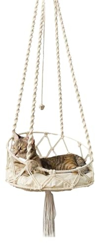 Cama para Gatos de Macramé - Hamaca Colgante Tejida a Mano, Borla, Columpio para Ventanas Interiores - para Gatos Domésticos