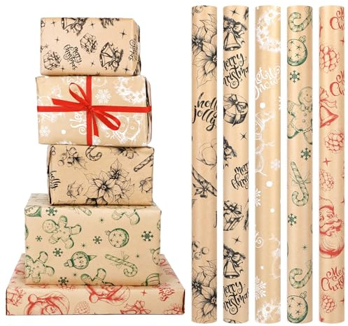 VEYLIN Weihnachts Geschenkpapier - Geschenkpapier Set- 5 x 3M Kraftpapier Geschenkverpackung für Geschenke, Schachteln, Winterdekorationen - 43.2 breit