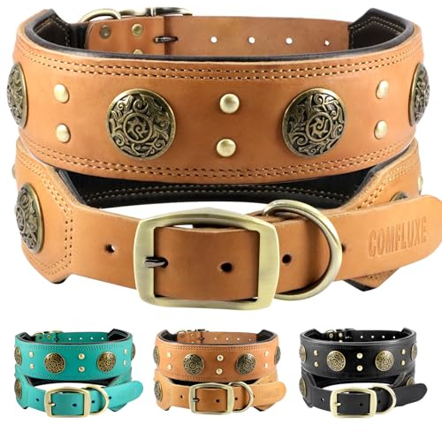 Comfluxe Leder-Hundehalsband für mittelgroße Hunde, 5,1 cm breit, langlebig, dick, stark, echtes Leder, Spike-Hundehalsband mit Metallschnalle, gepolstertes Halsband mit Nieten-Design für Mädchen
