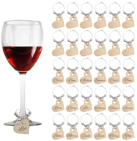 URROMA Weinanhänger aus Holz, herzförmige Weinglasringe, zum Beschriften von Weingläsern für Getränke, Hochzeit, Party, 30 Stück