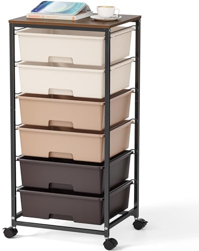 Carrito de 6 cajones con parte superior de madera, contenedor de plástico resistente, carrito de almacenamiento móvil para oficina, habitación de niños y sala de manualidades, carrito de baño con