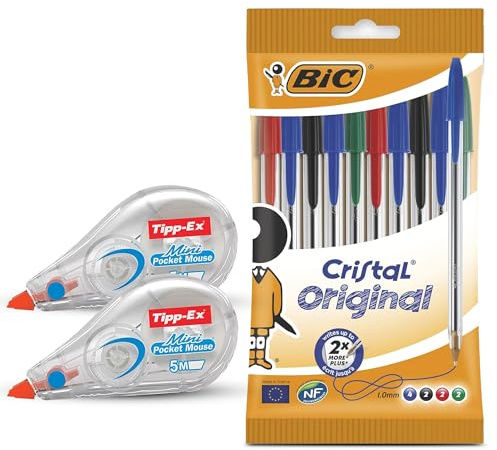BIC Cristal Original Lot de 10 stylos à bille avec pointe fine 1,0 mm Couleurs assorties et 2 rouleaux Tipp-Ex Mini Pocket Mouse 5 mm x 5 m pour correction rapide