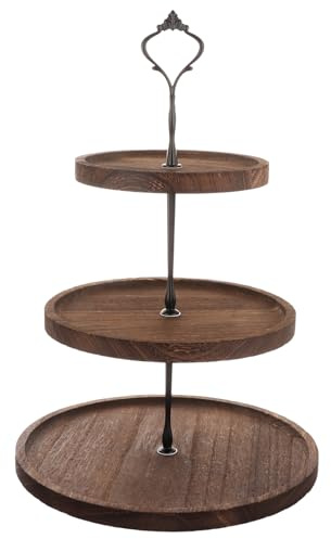 VIDETOL 3 Tier Wooden Cupcake Stand, Wooden Holder Tiered Dessert Stand with Metal Handle, Wood Cake Tower Stands for Afternoon Tea Baby Shower Birthday Party Wedding Christmas Valentines Decor