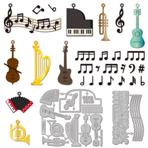 GLOBLELAND Musikinstrumenten Metall Stanzschablone Gitarre Violine Klavier Papierpräge Noten Trompete Stanzschablonen Set Stanzformen für Kartenherstellung DIY Papier Scrapbooking Handgefertigtes