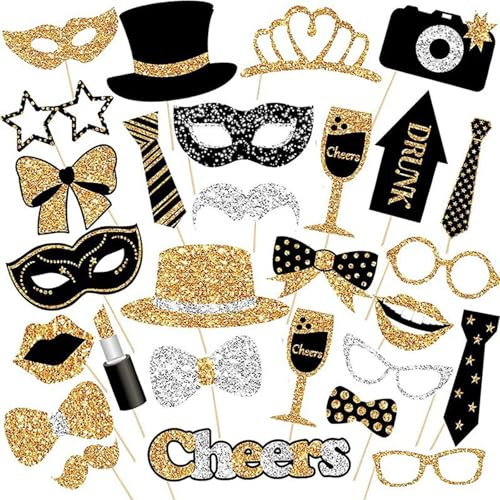 30Pcs Photo Booth Props for Decoration - Birthday Wedding Gathering Celebration With Hats, Lipstick, Tie, Crowns (Golden)