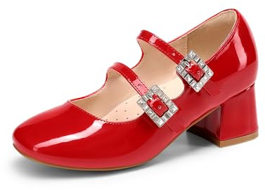 DREAM PAIRS Mary Jane - Scarpe da bambina con doppia cinghia, con tacco alto, per Pasqua, matrimoni, feste, chiese, principessa, comunione, décolleté per bambini piccoli e grandi, Colore: rosso, 37.5