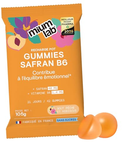 Mium Lab - Gummies Safran Hautement dosé (40mg) et Vitamine B6 sans sucres - Enfants et Adultes - Formule exclusive - Programme 3 à 6 semaines - Saveur Pêche - Fabriqué en France