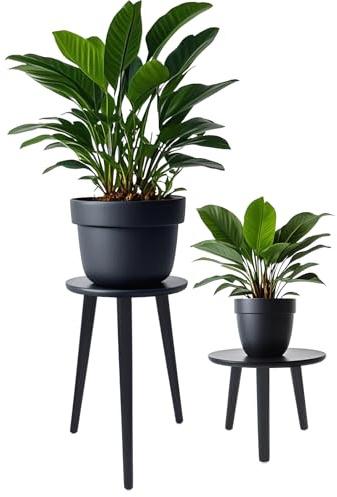 Hniuyun 2 Pack Indoor Plant Stand - Wooden Table for Flower Pots, Modern Home Decor, Two Different Sizes, Black
