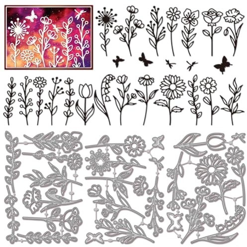 GLOBLELAND Line Wildflowers Leaf Cutting Dies for Card Making Butterfly Dragonfly Metal Die Cuts Flowers and Leaves Cut Stencils for DIY Embossing Paper Scrapbooking Photo Album Craft Decor