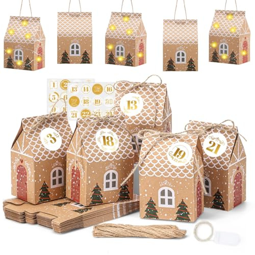 woric Calendrier de l'Avent à remplir soi-même, 24 maisons de l'Avent avec autocollants numérotés, guirlande lumineuse, calendrier de Noël 2025 DIY