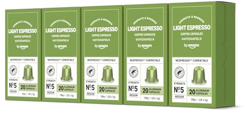 by Amazon Capsules de Café Espresso Léger Compatibles Nespresso, Torréfaction Clair, 100 Capsules (5 Paquets de 20) – Certifiées Rainforest Alliance