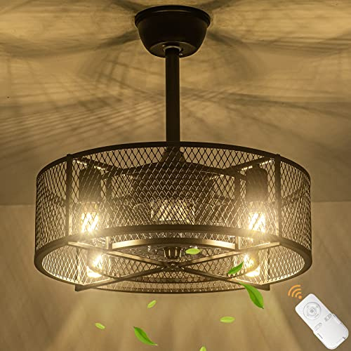 Warmiehomy Ceiling Fans with Lights, 50CM Industrial Black Metal Caged Ceiling Fans,E27 Quiet Fan Light Timer for Bedroom