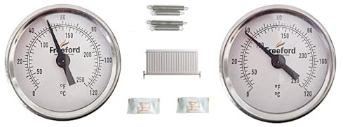 Pipe Thermometers Pair Improved Accuracy.- 63mm 0/120 C/F with Springs for both 15mm and 20mm+ Pipes and Thermal Paste. Ideal for Radiator Balancing