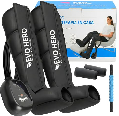 EVO HERO Kit Completo Presoterapia para Casa con Rodillo Masajeador y Compresas Frío/Caliente - Botas de Presoterapia Piernas con Pre y Post Tratamiento - 4 Modos Automáticos 4 Manuales y 3 Potencias
