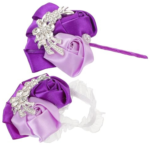 MOKKHNB Romantisches Strass Corsagenarmband und Ansteckblume Satz für Braut Brautjungfern Leichtes Künstliches Blumenhandgelenk Corsage Satz In Flieder für Hochzeit und Trauzeugen