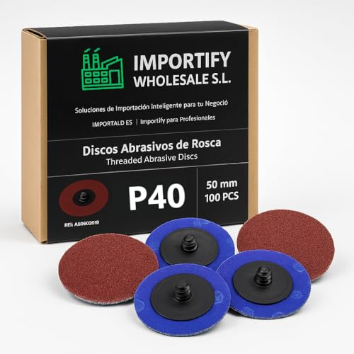 IMPORTIFY Lijas Rosca 50 mm – Pack 100 Uds – Rosca Rápida + Soporte Incluido | Discos Abrasivos Profesionales para Amoladora Recta, Taladro y Herramientas Neumáticas | Metal, Inox, Acero (Grano: 40)