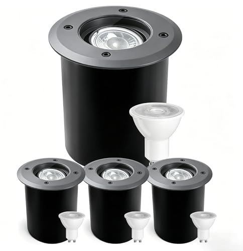 JNR Edelstahl Bodenstrahler Außen IP67 Wasserdicht 230V, Anthrazit 4Pack | Schwenkbar LED Licht, Bodeneinbaustrahler Aussen mit 5W GU10 3000K Glühbirne, Bodenleuchten Gartenbeleuchtung mit Strom