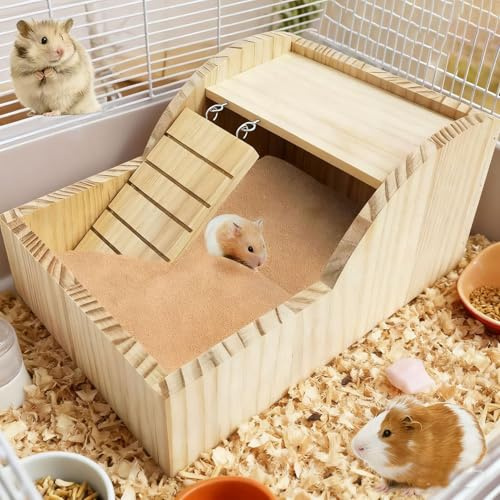 Hamster-Sandbad aus Holz, Hamster-Badebehälter mit Leiter, Tier-Sandbadkasten für kleine Haustiere, Hamster, Rennmäuse, Chinchillas (Braun)