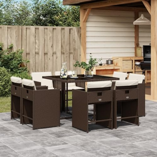 Brokky Juego de Muebles de Jardín en Ratán Conjunto Comedor para Jardín Exterior Mesa y Sillas De Comedor De Ratán-Marrón-9 pzas/Cristal Tipo 2