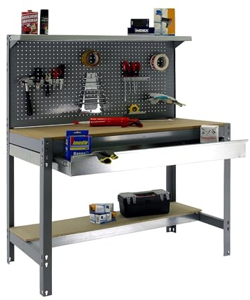 SimonRack Etabli d’Atelier, Capacité de Charge 600 kg, 1445x1510x610 mm, Panneau Perforé avec 1 Étagère, Étagère Tiroir de Rangement, Table de Travail Bricolage, Gris/Bois - BT3