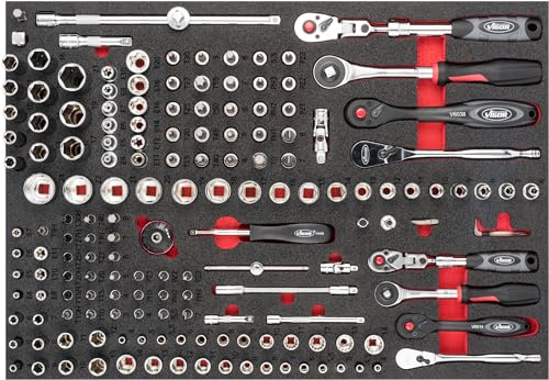 Vigor Steckschlüssel-Satz, V6821, 165-teilig, 0,8 x 4 – 1,2 x 8 mm | Länge 563 mm, Breite 393 mm, Höhe 35 mm, 7400 g, 2K Weichschaumeinlage, Einlagenmaß / Schubladengröße: L (563 x 393 x 35 mm)