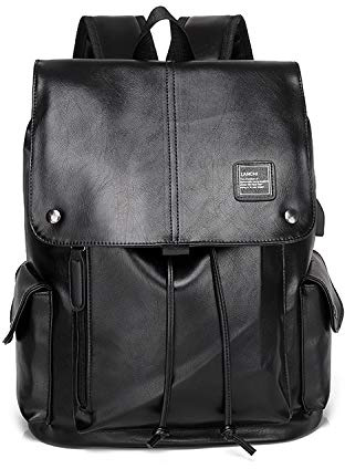 FANDARE PU-ryggsäck ryggsäck med USB-laddningsport PC vattentät tonåring skolväska herr college väska ryggsäck arbete ryggsäck för resor camping vandring skola dagpack, Svart, L, Elegant