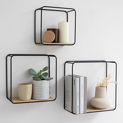 Kazai. Mensole da Muro Design -Jona- | Scaffale Metallo a 3 Parti con Impiallacciatura in Vero Legno | Decorazione della Parete, Libreria Scaffale, per Camera da Letto, Bagno, Cucina | Betulla