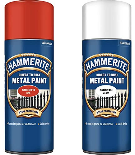 Hammerite Direct to Rust Metal Paint Aerosol Smooth Red Finish 400ML & 5084782 Metal Paint: Smooth White 400ml (Aerosol)