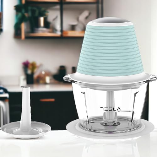 TESLA FC510BWS - Hachoir (350W, verre, capacité du bol 1l, 2 lames en, système de stockage de câble, boîtier en silicone) Bleu-blanc