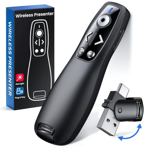 2-in-1 USB Type C Presentation Clicker Wireless Presenter Remote for PowerPoint, Powerpoint Clicker with Hyperlink & Volume Control PowerPoint Slide Advancer for Mac, Computer, Laptop