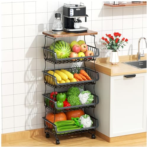 Gsiekare Cesto per frutta e verdura da cucina, 5 ripiani, impilabile, con ruote, in filo metallico, per cucina, dispensa, bagno