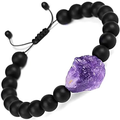 FLEXO Genuine Uncut Raw Amethyst Stone Gems Charged Premium Natural Crystal Chip Chunk Beaded Bracelet Charging Crystal and Onyx Beaded Adjustable Rope Hand Bracelet Purple Amethyst – Onyx & Amethyst