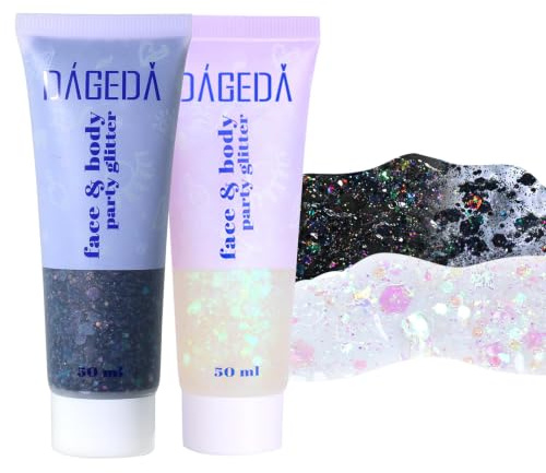 Prreal Body Glitter Gel, Face Glitters Body Gel Sequins Shimmer Liquid Eyeshadow, Chunky Glitter for Face Nails Hair, Holographic Mermaid Sequins for Festival Makeup 100ML (White+Black)