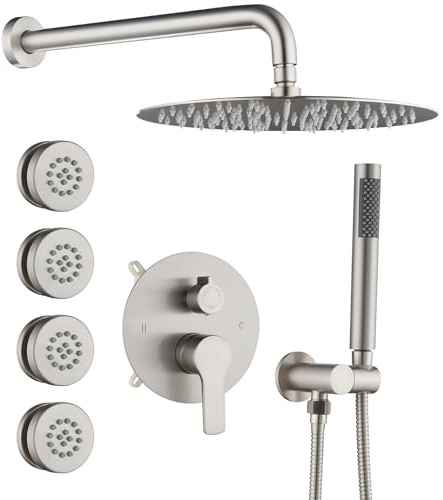 Iriber Brushed Nickel Round Rain Shower System with 4 PCS Body Jets 3 Function Shower Faucet Set Contain 12 Inch Shower Head and Handheld Wall Mounted Pressure Balance Shower Trim Kit (Valve Included)