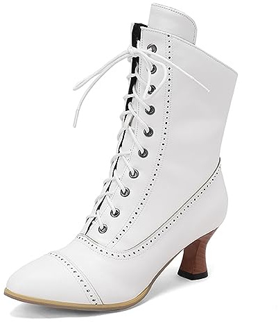 LanreyTaley Victorian Boots for Women Vintage Granny Boots Renaissance Ankle Boots Low Heel Lace Up Booties with Zipper White Size 44