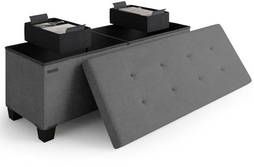 Storage Ottoman Bench with Bins, 43-in Storage Bench for Bedroom End of Bed, Folding Foot Rest Ottoman for Living Room Max 660lbs, Fabric Ottomans, Grey