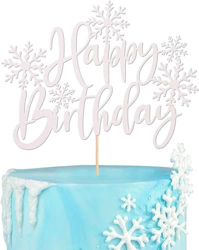 SYKYCTCY 1 Pack Snowflake Happy Birthday Cake Topper Glitter Winter Wonderland Cake Pick Frozen Cake Decorations Birthday Frozen Theme Party Christmas Baby Shower Wedding Decoration Supplies White