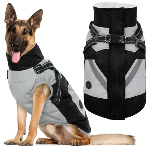 Hundemantel für große Hunde, wasserdichte Hunde-Winterjacke mit integriertem Geschirr | Schwarz – XXL, Thermo-Hundejacke mit warmem Fleece gefüttert, reflektierend, für kaltes Wetter, Camping, Wandern, Pitbull