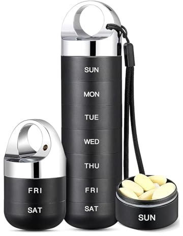 Metal Pill Organiser,Weekly Waterproof Metal Pill Case,Stackable Aluminum Alloy Portable Metal Pill Box,Date Display,for Pills, Vitamins, Capsules,Fish Oil, Supplements (Black)