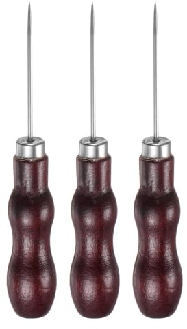 sourcing map 3pcs Handwork Sewing Awl Double Gourd Straight Head Leather Punch Hole Tool with Wooden Handle Scratch for Broken Wire Drilling Stitching Repair and DIY Handmade, Rosewood Color