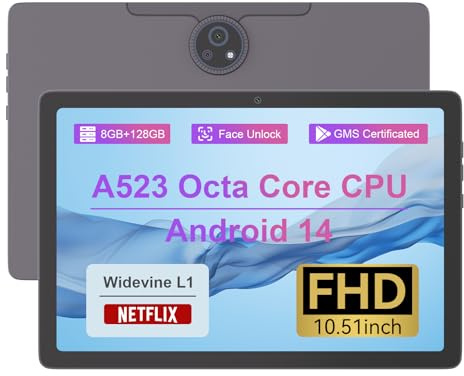 C idea 10.51 Tablet, Android 14 Tablet, FHD 1200 * 1920, 8GB RAM 128GB ROM (TF TB), doppia fotocamera 13 MP + 5 MP, WiFi 2.4/5G, Bluetooth, batteria da 6 ore, perfetto come regalo (grigio)