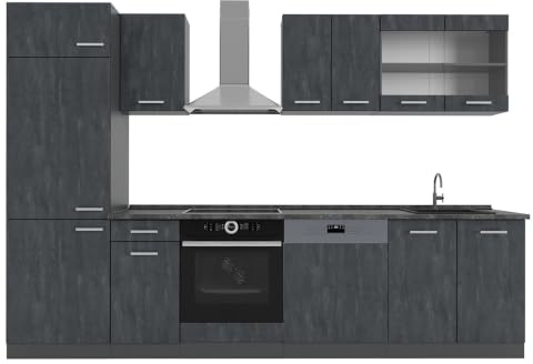 Vicco Küchenzeile R-Line, Schwarz Beton/Anthrazit, 300 cm | 8 Module · Höhenverstellbare Füße · Ohne Arbeitsplatte · Robuste Fronten · Mit Kühlschrankumbauschrank