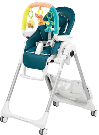 PEG Prima Pappa Follow Me Plus - Seggiolone e Sdraietta Neonato, Dalla Nascita, Regolabile in Altezza, 4 Ruote, Barra Gioco, Doppio Vassoio, Rivestimento Ecopelle, Chiusura Compatta, Petrolio