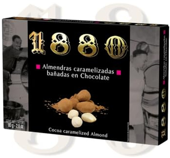 1880 Almendra Caramelizada Bañada en Chocolate, Sin Gluten, 80 g | Textura crujiente, envase individual, hecho en España, ideal para regalar, para compartir o como capricho, dulce navideño