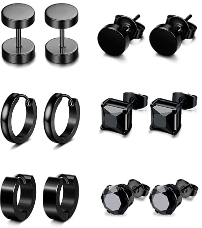 YADOCA 6 Paare Herren Ohrringe Schwarz Edelstahl Hypoallergene Creolen Ohr Piercing Set für Männer Frauen
