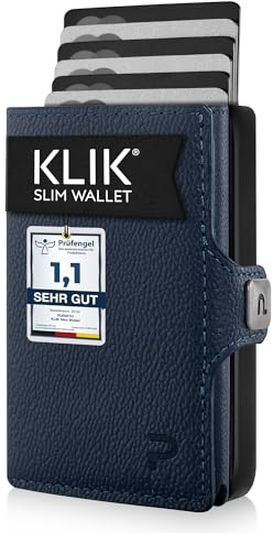 PURISTO KLIK Minimal Slim Wallet mit Münzfach - Mini Geldbörse und Portemonnaie für Herren aus Echtleder - Kleiner Credit Card Holder mit RFID Schutz für 6-8 Karten - Dunkelblau