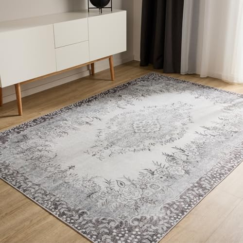 benuta Basic Waschbarer Teppich George - Schwarz/Grau 160x230 cm - Kunstfaser - Rechteckig & im Style: Vintage, Elegant, Retro - Pflegeleicht für Wohnzimmer Schlafzimmer